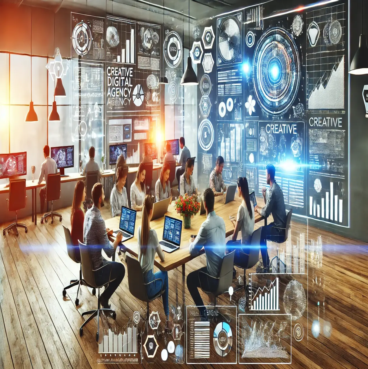 DALL·E 2025-01-22 14.45.44 – A modern digital agency workspace featuring a team collaborating on projects, with sleek laptops, large digital screens displaying analytics, web desi (1)