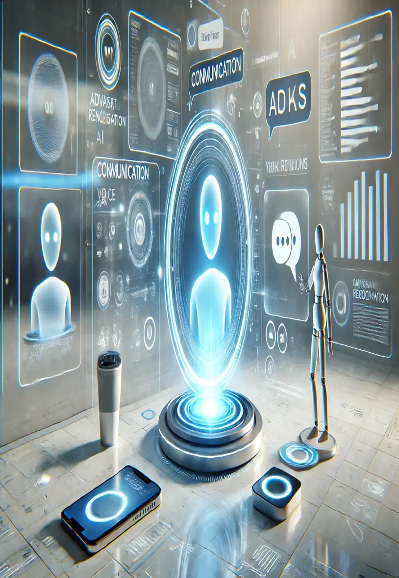 DALL·E 2025-01-22 14.53.58 – A futuristic scene showcasing communication through Conversational AI, featuring a glowing digital assistant hologram interacting with a person. The s (1)